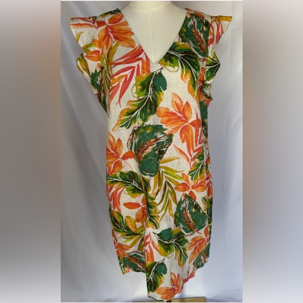 Tropical Leaf V-Neck Ruffle Sleeve Linen Dres - Green & Orange